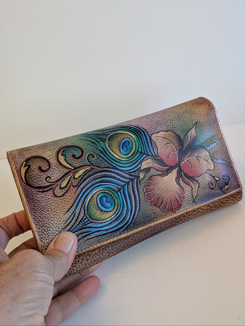 Anuschka hand painted leather trifold wallet Peacock Orchid design Signed